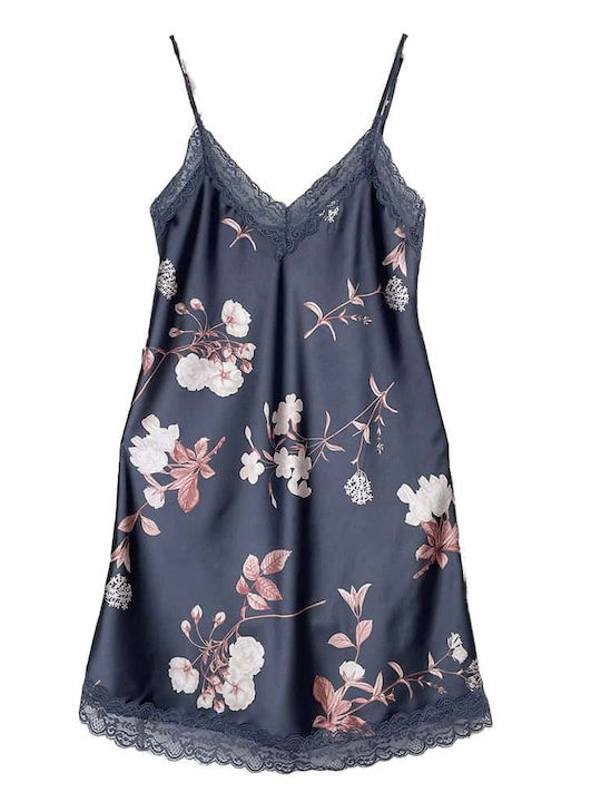 Damen Satin-Nachthemd Blumenshort Spitze Slim Fit Blau-Grau