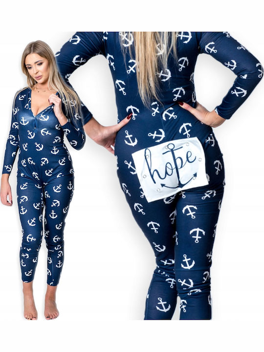 Winter Damen Einteiliger Pyjama Marineblau