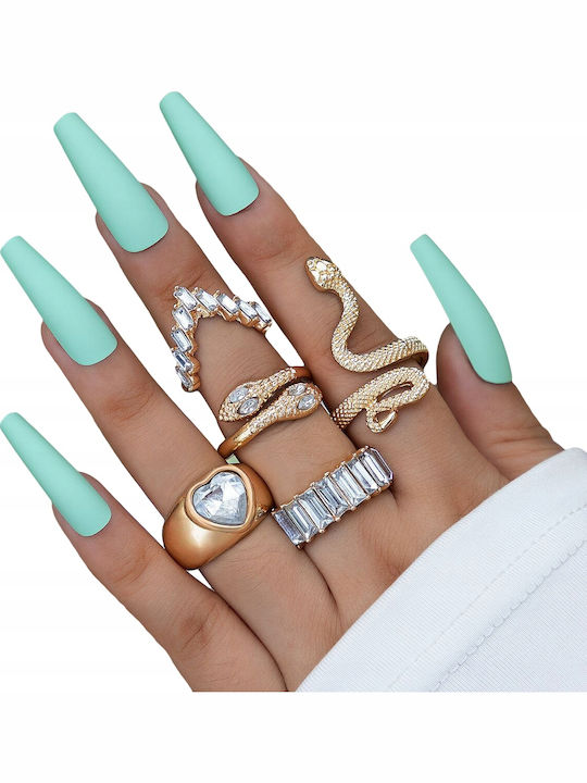 Set Golden Retro Punk Vintage Rings 5 Pieces Snake Heart White