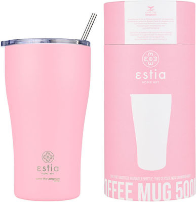 Estia Coffee Mug Save The Aegean Ποτήρι Θερμός Ανοξείδωτο Blossom Rose Estia 500ml με Καλαμάκι
