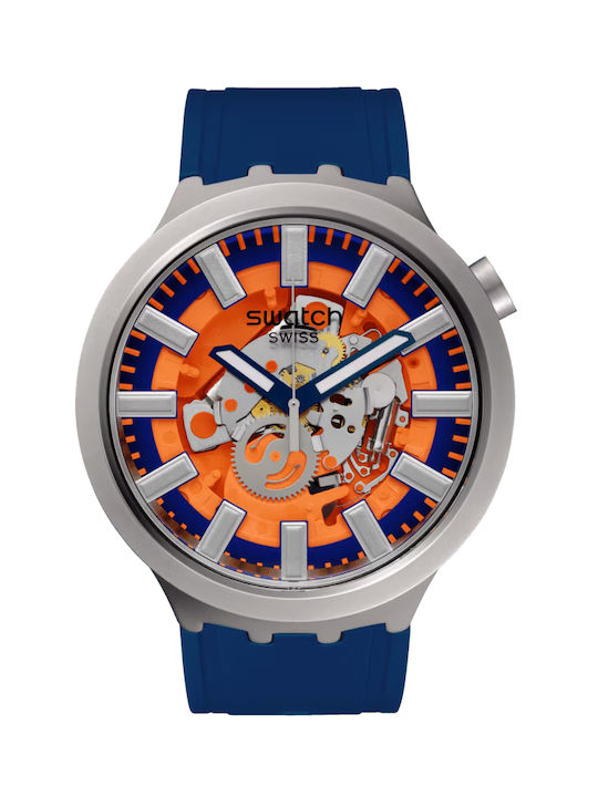 Swatch Orange In The Works Uhr Batterie mit Blau Kautschukarmband