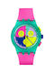 Swatch Neon Flash Arrow Watch Chronograph Battery with Pink Rubber Strap