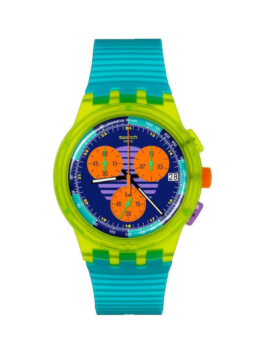 Swatch Neon Wave Uhr Chronograph Batterie mit Türkis Kautschukarmband