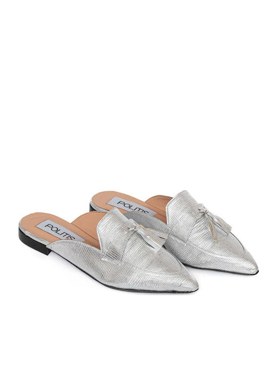 Flach Leder Mules in Silber Farbe