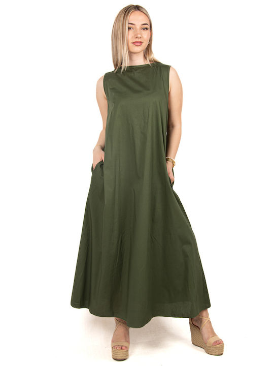 Dress with V-Neck and Open Back in Olive Green