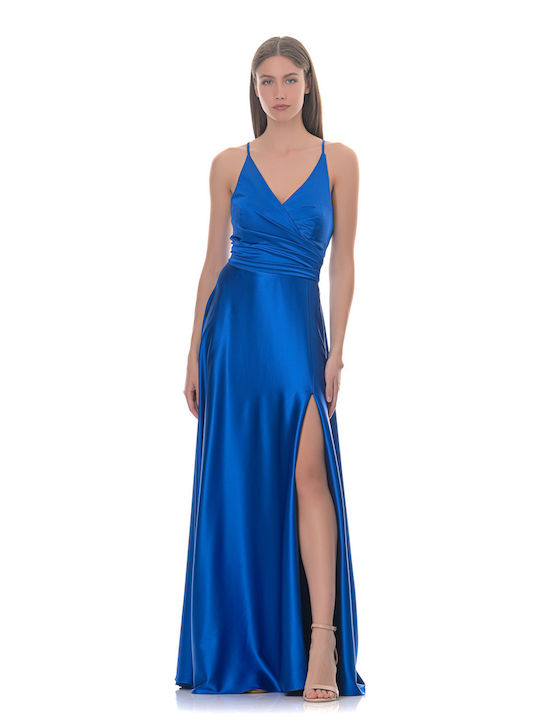 Farmaki Maxi Φόρεμα Σατέν με Σκίσιμο Μπλε