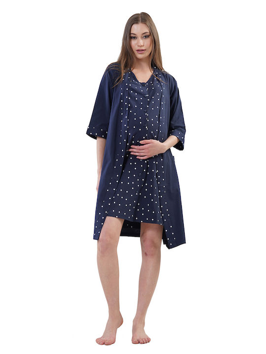 Vienetta Secret Women's Summer Cotton Robe with Nightgown Navy Blue