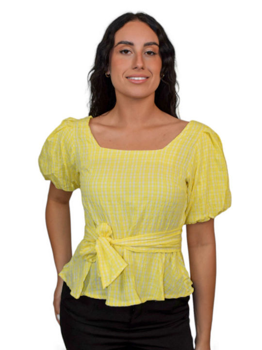 Morena Spain Γυναικεία Μπλούζα Βαμβακερή Κοντομάνικη Καρό Κίτρινη
