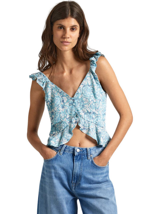 Emilia Damen Sommer Crop Top Leinen Ärmellos mit V-Ausschnitt Blumen Blau