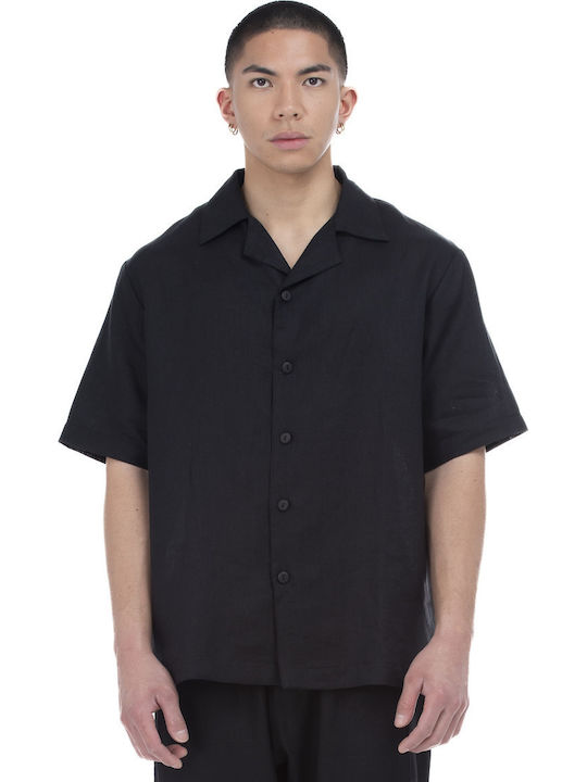 Short-sleeved Linen Shirt in Wide Line Black