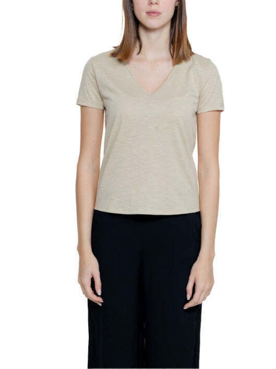 Jacqueline De Yong Γυναικείο T-shirt με V Λαιμόκοψη Μπεζ