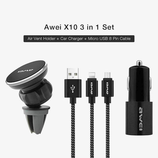 Car Charger Fast Charging with 2xUSB-A Ports and Micro-USB / Lightning Cable Black Color