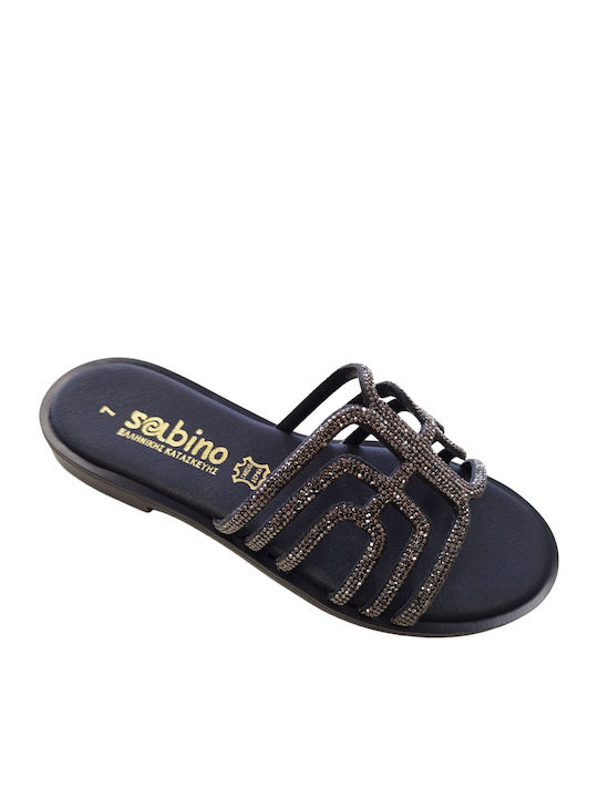 Leather Women's Flat Sandals in Black Color