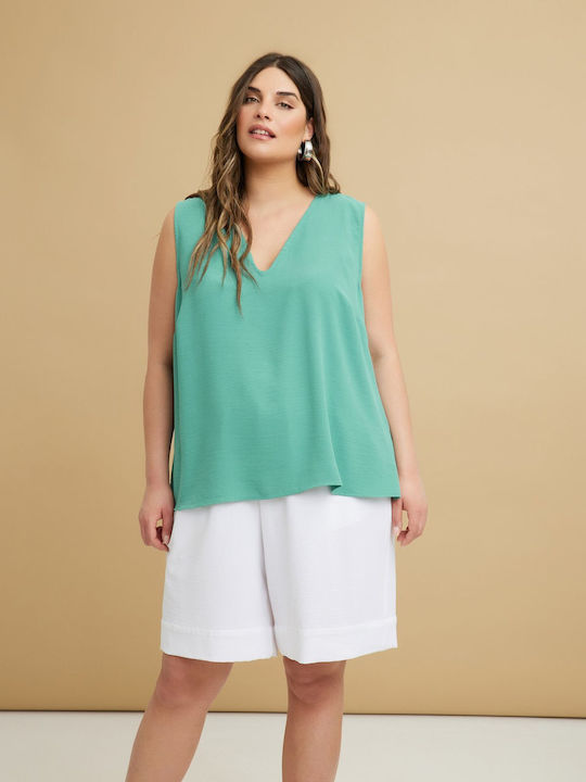 Mat Fashion Γυναικεία Μπλούζα Αμάνικη με V Λαιμόκοψη Πράσινη