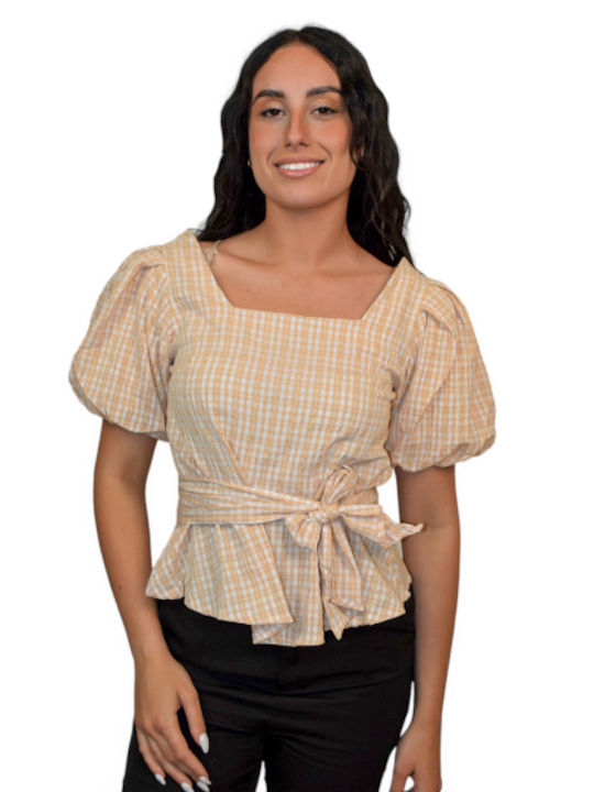 Morena Spain Women's Blouse Cotton Short Sleeve Checked Beige