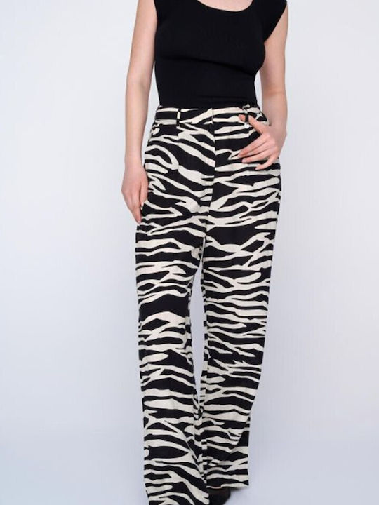 Ale - The Non Usual Casual Damen Hoch tailliert Leinen Hose in Lockerer Passform Leopard Schwarz