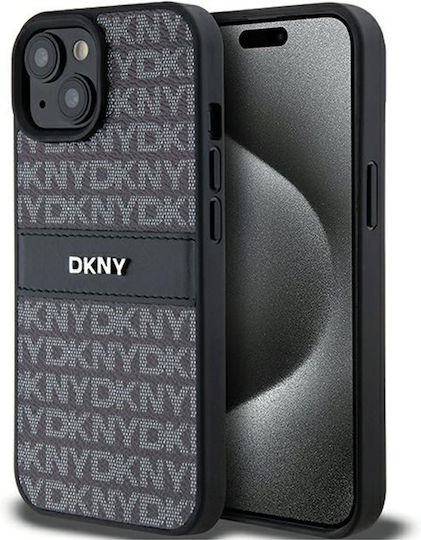 Husă Dkny din piele PU cu model repetat și dungi tonale pentru iPhone 15 Plus, negru