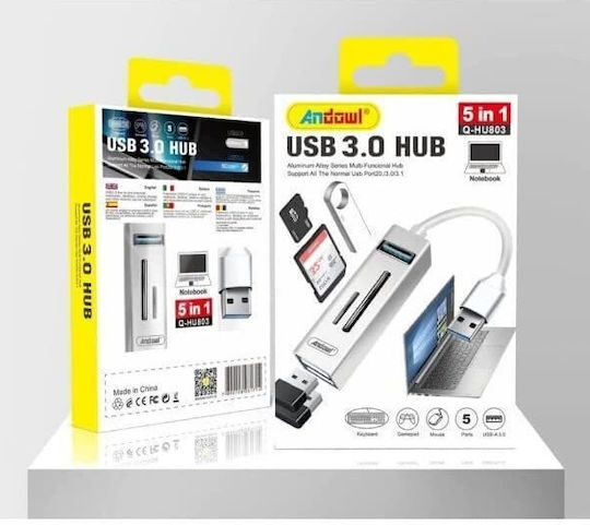 Andowl USB Hub 3 Ports USB 3.0 with USB-A Connection Ethernet Silver