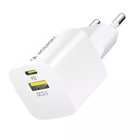 Wozinsky Charger Without Cable GaN with USB-A Port and USB-C Port 33W Power Delivery / Quick Charge 3.0 Whites (WWCEAC)