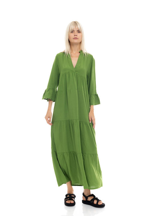 Pink Label Bn285 Langes Monochromes Kleid mit Empire-Linie und offenem Ausschnitt Grün