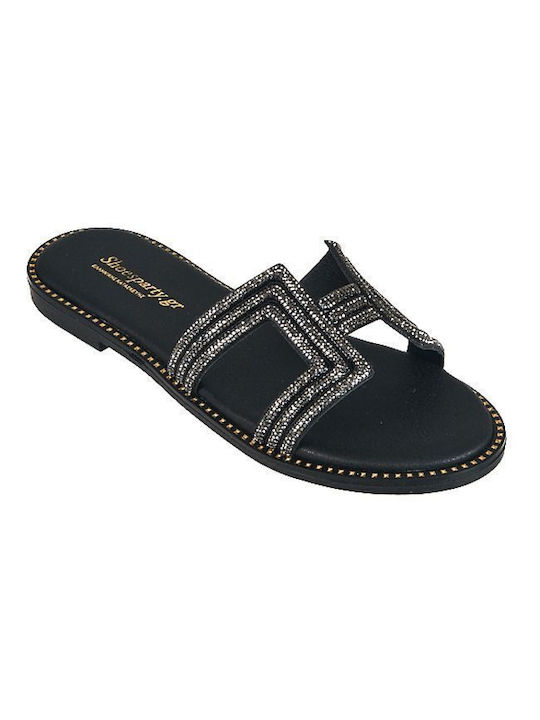 Elenross Gs09250w-bla Flache Sandale mit schwarzen Strasssteinen