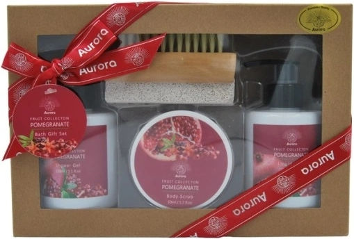 Aurora Pomegranate Gift Set Shower Gel 150ml Soap 150g Scrub 50ml + Brush