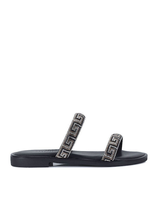 Leather Women's Flat Sandals in Black Color