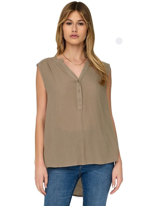 Only Damen Bluse Ärmellos mit V-Ausschnitt Beige