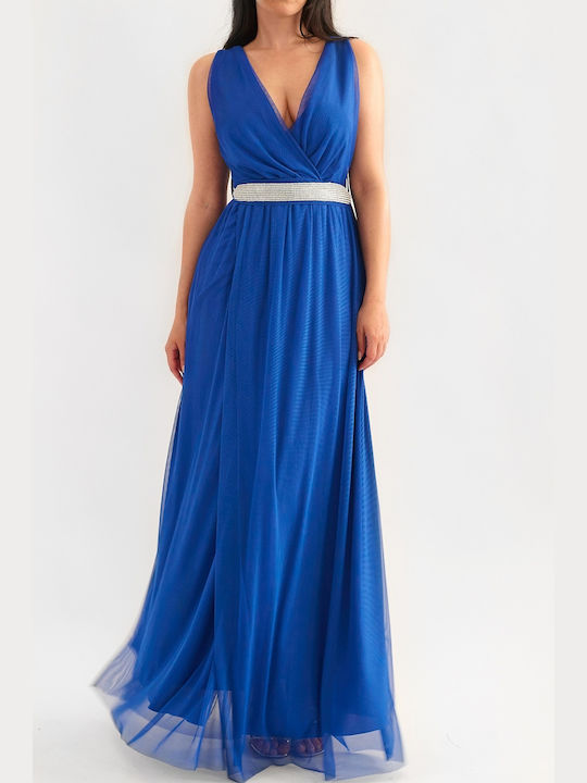 Julia Blue Maxi Dress with Tulle Belt and Rhinestones