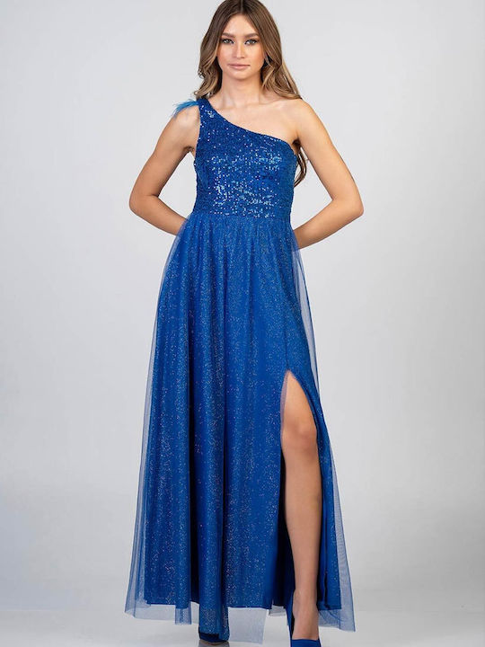 Bellino Maxi Evening Dress with Tulle & Slit Blue