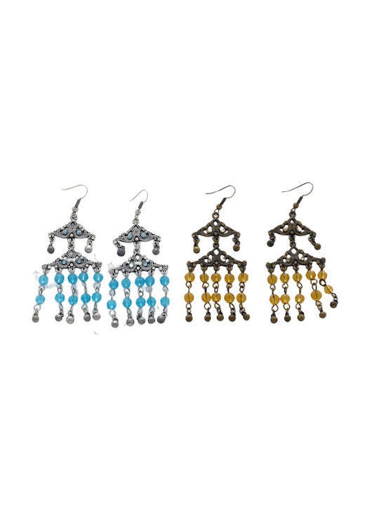 Metallic Hanging Earrings Decorated with Blue Orange Beads-Yellow