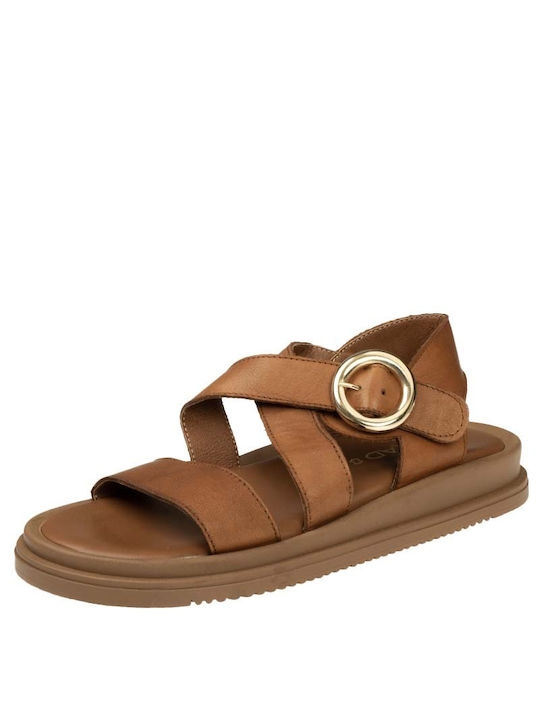 Carad Shoes Leather Women's Flat Sandals in Tabac Brown Color