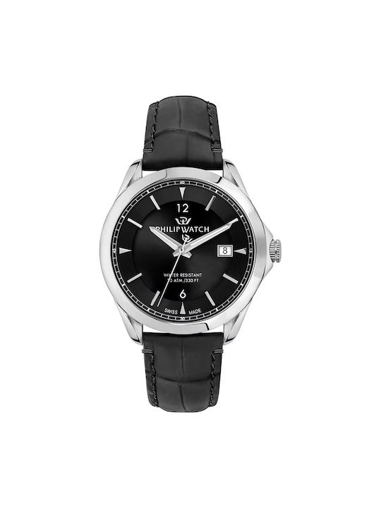 Philip Watch Watch Battery with Black Leather Strap