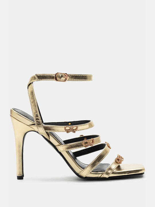 Luigi Synthetic Leather Women's Sandals with Strass Gold with High Heel