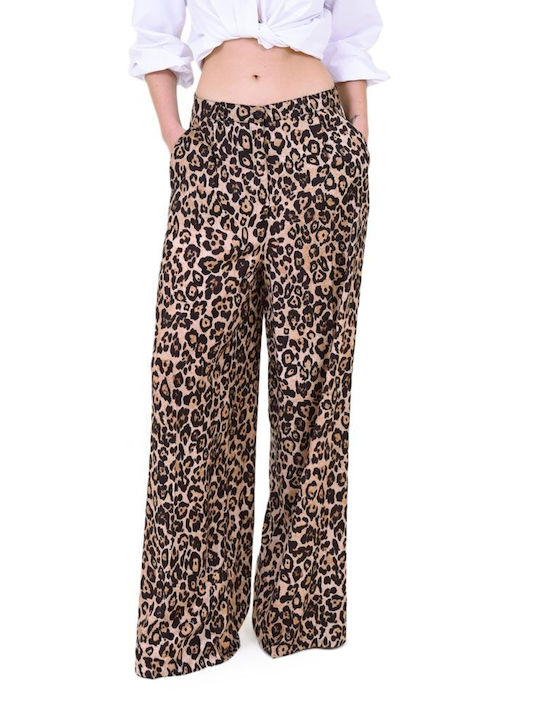 Dolce Domenica Women's High-waisted Fabric Trousers Leopard Coffee- Black