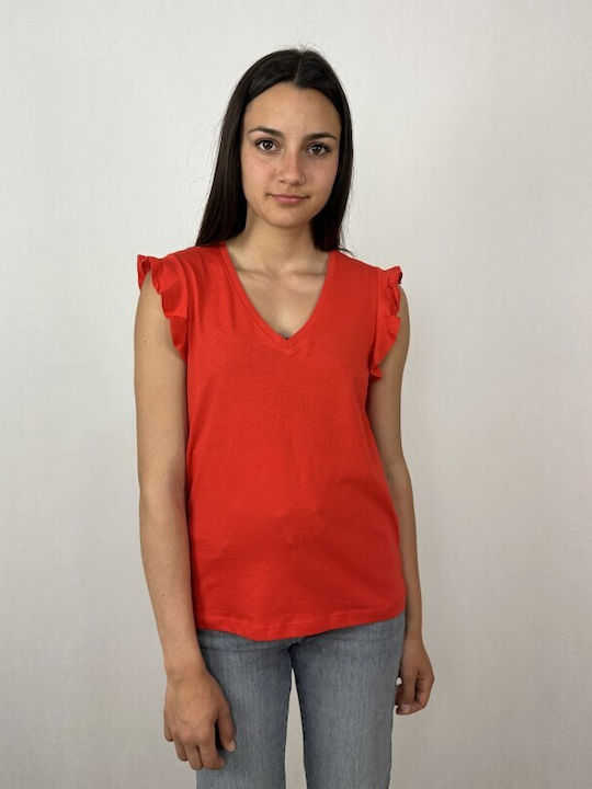 Only Life Women's Blouse Cotton Short Sleeve with V Neck Flame Scarlet