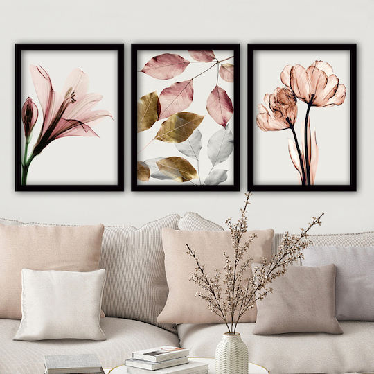 Megapap Pink Flowers Dreifach Gemälde Kunststoff 35x45cm