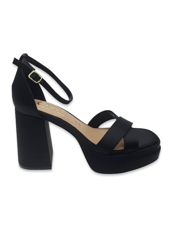 Exe Platform Fabric Women's Sandals with Ankle Strap Black with High Heel