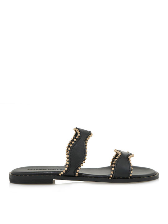 Tsakiris Mallas Leather Women's Flat Sandals in Black Color