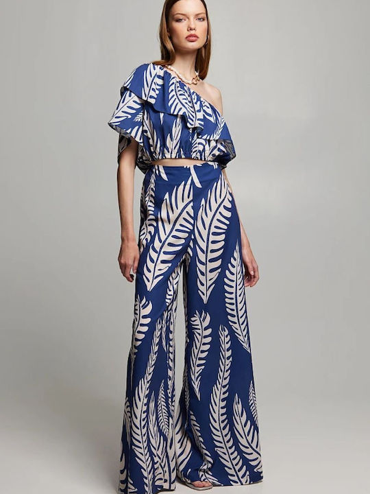 BSB Women's High Waist Fabric Palazzo Pants Blue