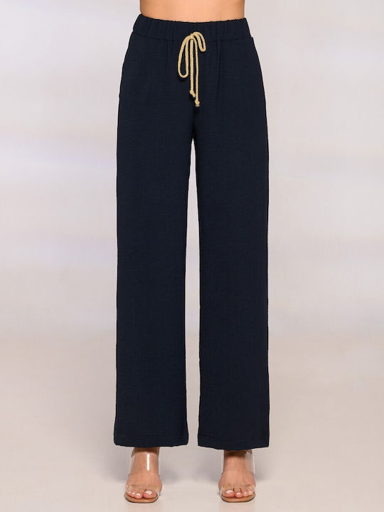 Derpouli Damen Stoff Hose mit Gummizug in Normaler Passform Blue