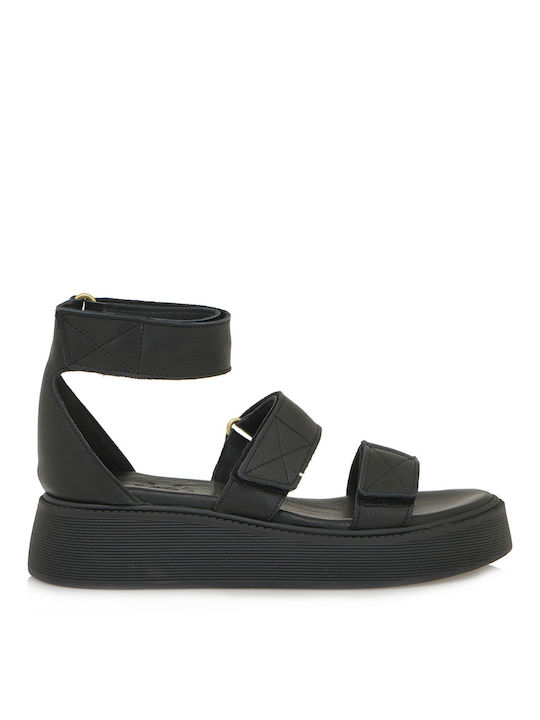 Tsakiris Mallas Leather Women's Sandals with Ankle Strap Black