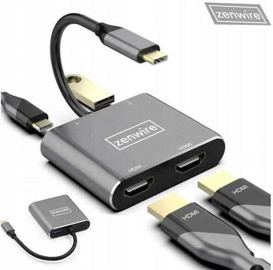Zenwire Μετατροπέας USB-C male σε HDMI 2x female Γκρι 1τμχ 1022000745