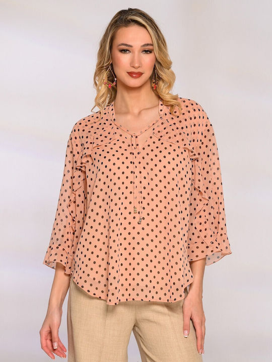 Derpouli Damen Bluse mit V-Ausschnitt Polka Dot Orange