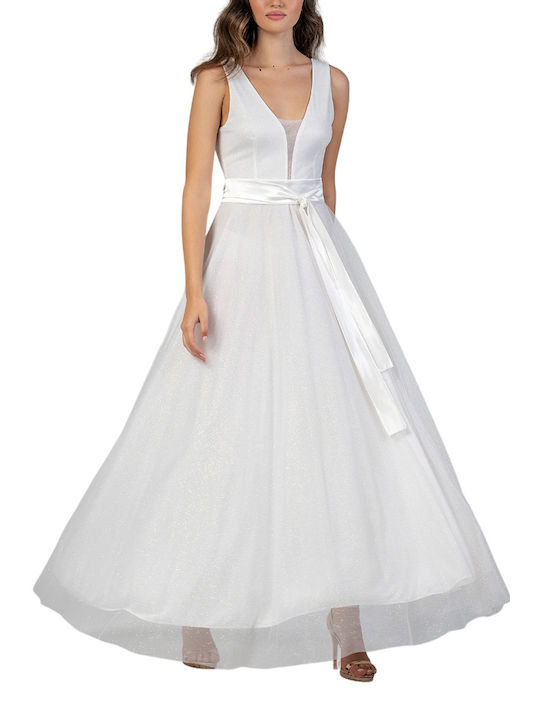 Bellino Maxi Kleid für Hochzeit / Taufe Offener Rücken mit Tüll Weiß