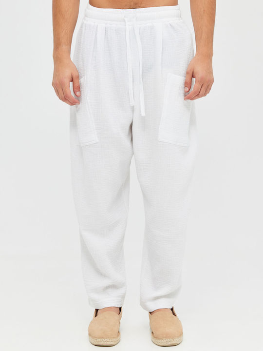 Relaxed White Embossed Trousers with Pockets by Aristoteli Bitsiani