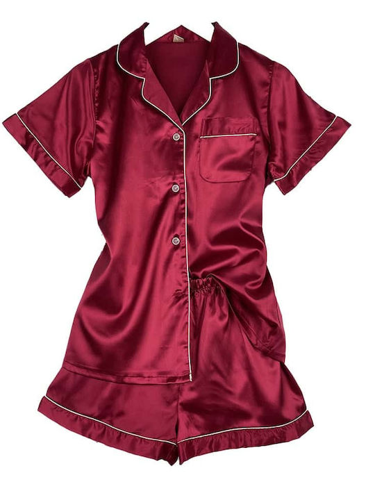 Damen Satin Pyjama Set Kurzarm Shirt Shorts Slim Fit Bordeaux