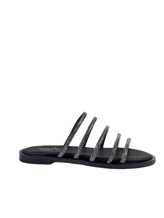 Black Flat Sandals with Thin Straps and Rhinestones