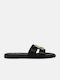 Leather Flat Sandals with Metallic Buckle Black