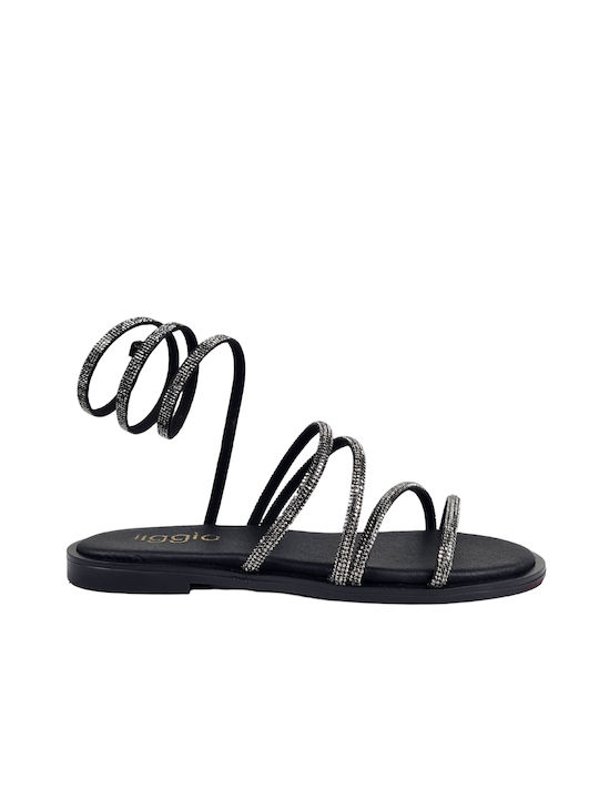 Black Flat Sandals with Rhinestones & Spiral